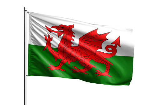 Wales flag waving isolated on white background with clipping path. flag frame with empty space for your text.