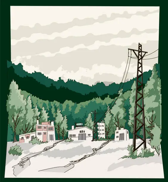 Vector illustration of illegal construction in the forest