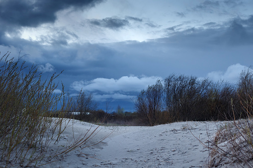 View of the sandy shore of the Parnu bay in evening. It a bay in the northeastern part of the Gulf of Livonia (Gulf of Riga of Baltic Sea), in southern Estonia.