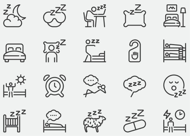 stockillustraties, clipart, cartoons en iconen met sleep line icon. sleeping, bedroom, dream, pillow, bed, alarm clock, insomnia, night, rest and sleep disorders, glasses for sleep, sheep, bedroom rest mattress, zzz snooze, human sleep in bed, snoring - comfortabel