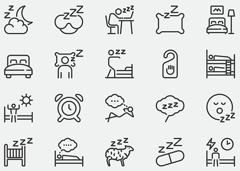Sleep line icon. sleeping, bedroom, dream, pillow, bed, alarm clock, insomnia, night, rest and sleep disorders, Glasses for sleep, sheep, Bedroom rest mattress, Zzz snooze, Human sleep in bed, snoring