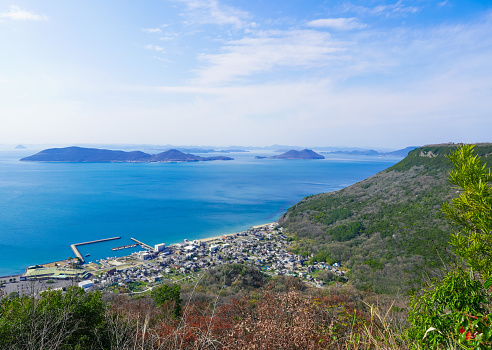 Ngong Ping Village, Hong Kong: aerial view of Ngong Ping and Po Lin Monastery, a popular tourist attraction in Lantau Island.