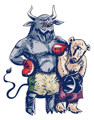 Vector Bull Beats Bear in Boxing Match, Wins the Match