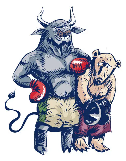 Vector illustration of bull and bear boxing