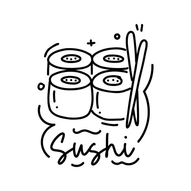 Vector illustration of Sushi Vector Handwritten Lettering with Icon.