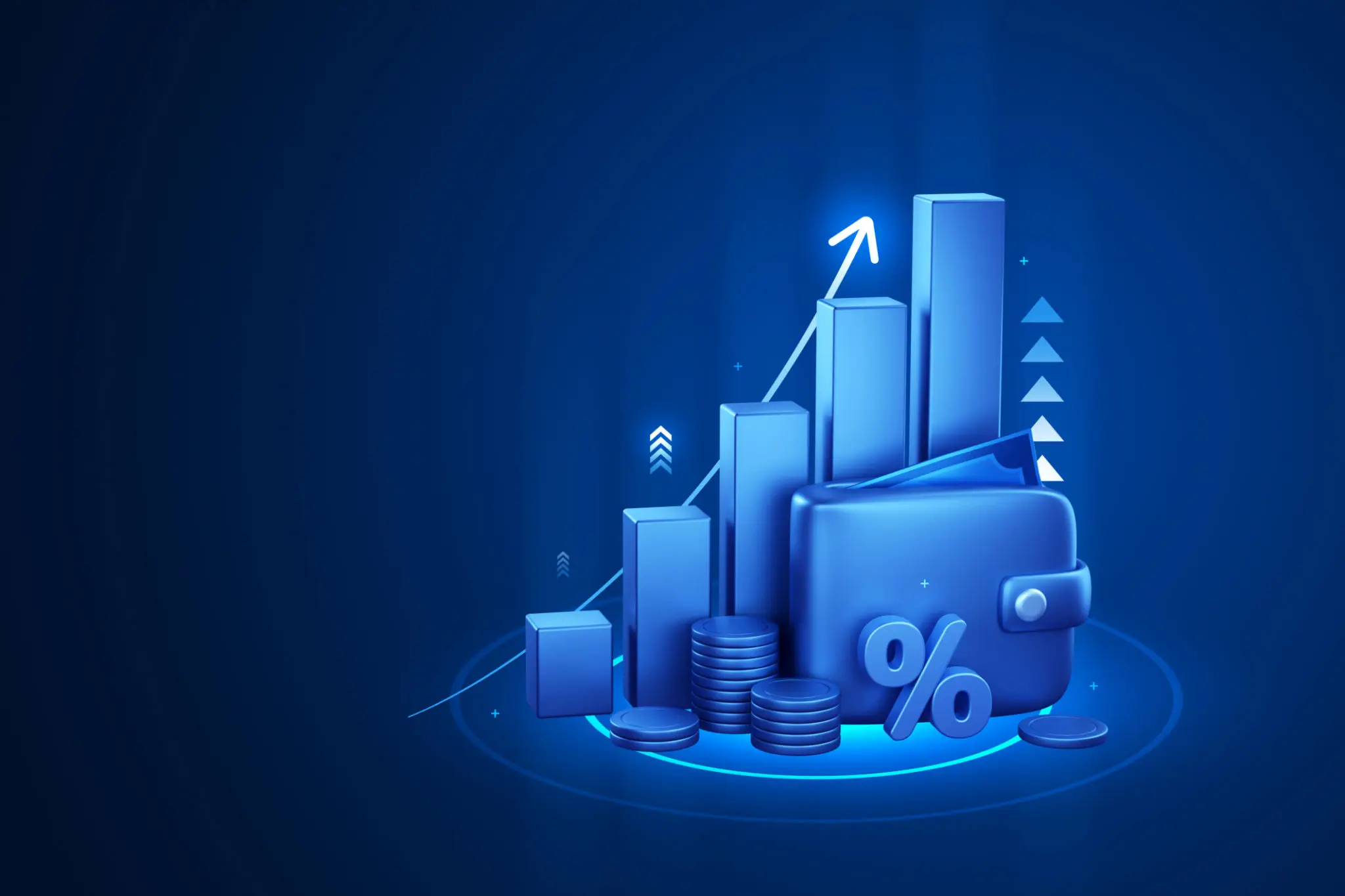 Growth money graph digital wallet bank payment cash coin 3d background of banking finance business wealth credit currency exchange success online arrow profit financial economy earning technology.