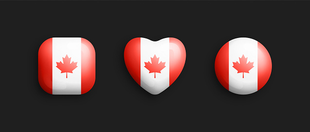 Canada Official National Flag 3D Vector Glossy Icons In Rounded Square, Heart And Circle Shapes Isolated On Background. Canadian Sign And Symbols Graphic Design Elements Volumetric Buttons Collection