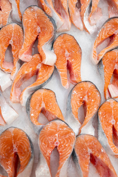 Salmon steaks are sold in the store. stock photo