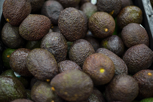 Group of hass avocados in a supermarket. Selective focus.