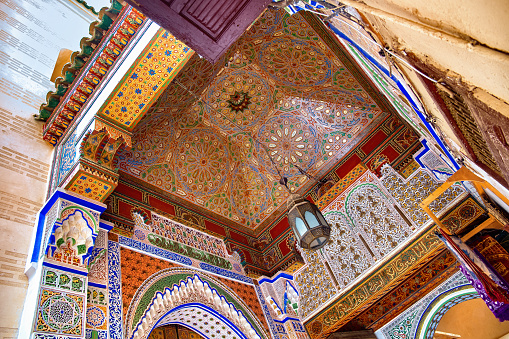 Fez, Morocco - June 02, 2017: Walls decorations of the Zawiya of Moulay Idris II (with the tomb of Idris II, who ruled Morocco from 807 to 828 and is considered the main founder of the city of Fes).