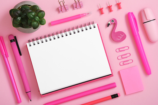 Blank notebook page for text in frame of pink school and office stationery set on pink background. Eraser in the form of flamingo