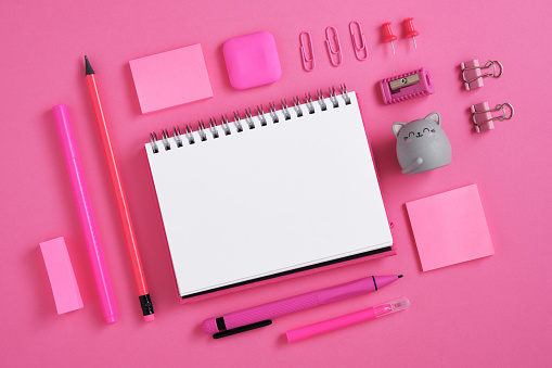 Empty notebook page for your text with pink school and office stationery on magenta background. Eraser in form of cat. Flatly.