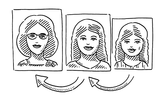 Hand-drawn vector drawing of Growth Steps from a Girl to a Teenager to an Adult Woman. Black-and-White sketch on a transparent background (.eps-file). Included files are EPS (v10) and Hi-Res JPG.