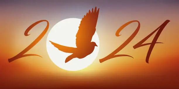 Vector illustration of A 2024 greeting card symbolizing peace, with a dove of peace flying into the setting sun.