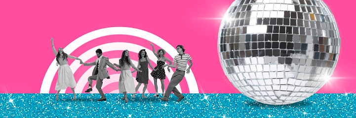 Groupf of young people, friends in retro clothes dancing near big disco ball. Having fun on weekends. Contemporary art collage. Concept of party, leisure time, celebration, event, joy, youth. Ad