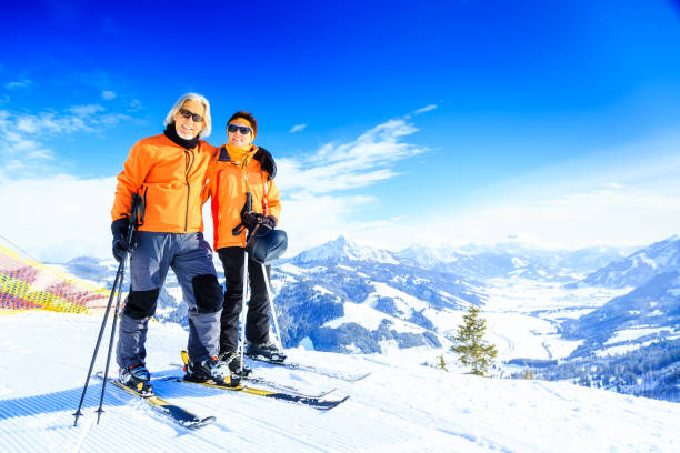 Smiling Chinese friends on ski resort