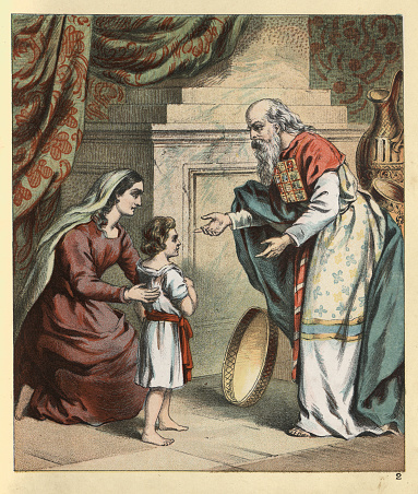 Vintage illustration of Samuel left in to care of Eli by his mother Hannah, Biblical art