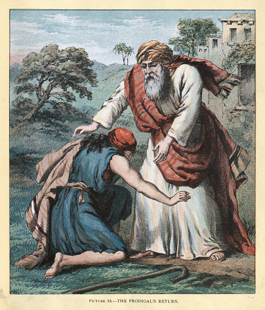 Vintage illustration of a scene from The story of the Prodigal Son, Son returning to father, The Prodigal's return, Victorian religious art, 1880s 19th Century