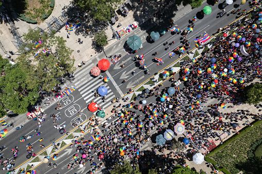 Aerial shot of people walking on the gay pride parade