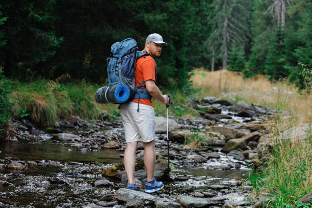 istock Traveling man walking in mountains with trekking pole 1663107528