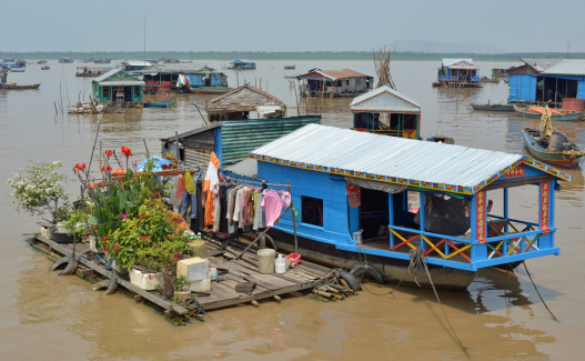 View of a houseboats on Tonle Sap, the largest freshwater lake in South East Asia, which combines lake and river system of major importance to Cambodia. UNESCO World Heritage Site since 1997.