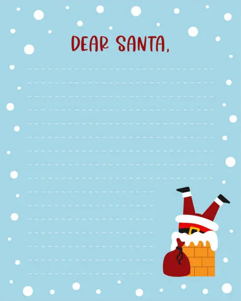Vector illustration of Letter to Santa. Printable Christmas page decorated by Santa Claus in chimney with sack. Winter holiday theme.
