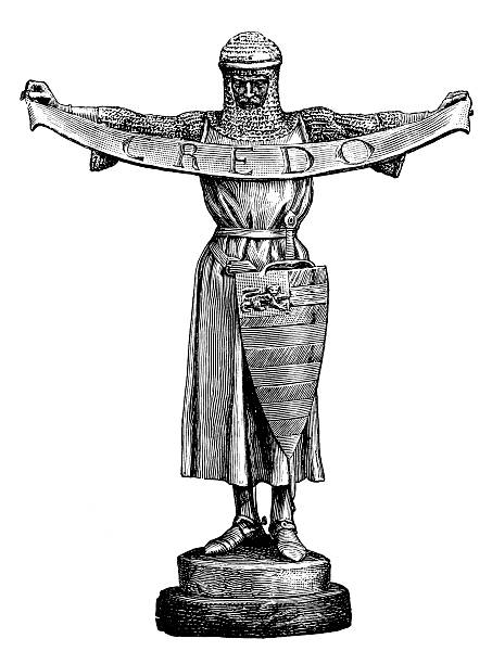 Knight Holding Credo Banner - Antique Engraving Antique engraving, depicting a knight holding a banner that displays the word "Credo". Isolated on white. knights templar stock illustrations