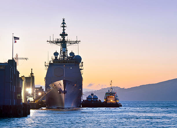 The Ticonderoga class guided-missile cruiser USS Mobile Bay (CG-53) at port in the San Francisco Bay