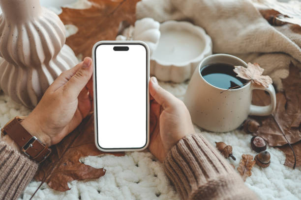 istock Phone with an isolated screen in hands, autumn mood 1663125348
