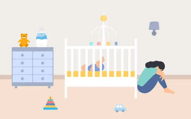 Vector illustration of Depressed Tired Mother Sitting Near Baby Crib And Hugging Her Knees. Postpartum Depression, Postnatal Anxiety And Parent Difficulty Concept