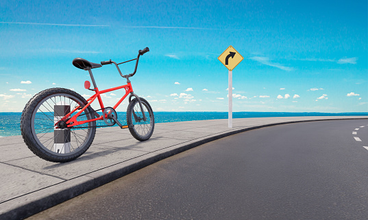 red bicycle is parked on the side of the road. At the curve there is a view of the sea.3D rendering.