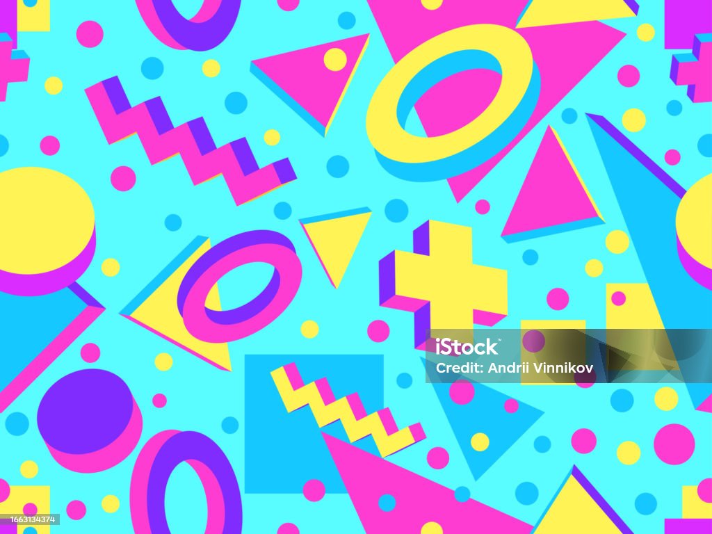 80 Style Pattern Seamless Pattern With 3d Geometric Shapes In 80s Style Colorful ...