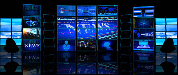 Multiple TV screens display news in a dark studio file_thumbview_approve.php?size=1&id=23246276 broadcast studio stock pictures, royalty-free photos & images