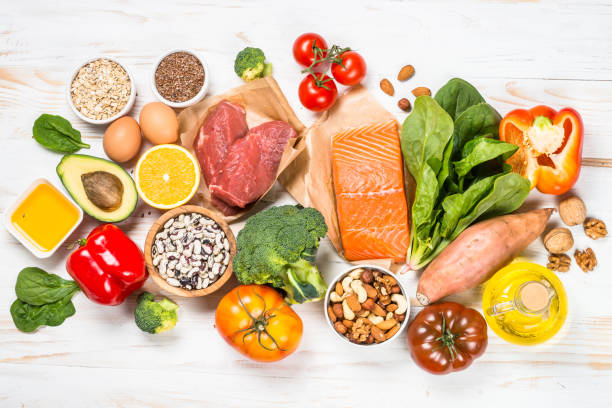 istock Healthy food products at white background top view. 1663141047