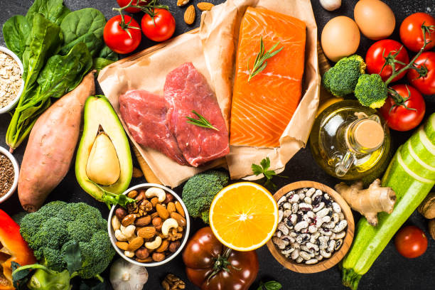 istock Healthy food products at black background top view. 1663141607