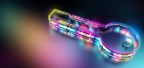Digital key authentication. Modern technology background with futuristic key icon holographic code. CGI 3D render. Digital key authentication. Modern technology background with futuristic key icon holographic code. CGI 3D render. Key stock pictures, royalty-free photos & images