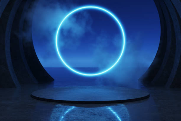 istock Illustration with abstract stage and blue neon frame. Empty podium with blue neon ring in the background. 3D rendering. 1663153912
