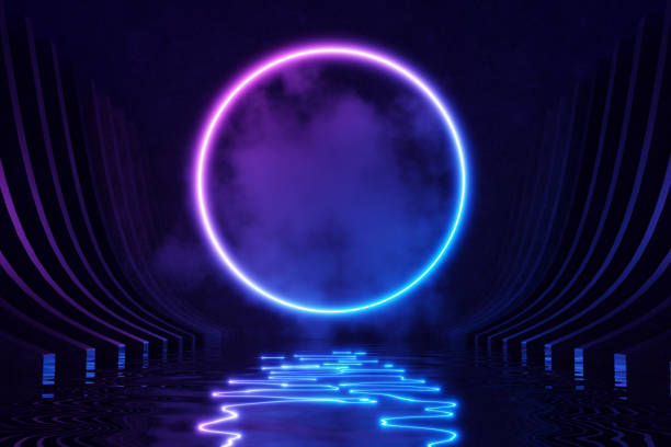 istock Neon lights Abstract background Round portal Glowing lines Tunnel Virtual reality Arch Laser show. 3d render. 1663154106