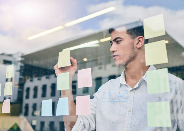 istock Glass, window and man, brainstorming and writing on sticky note, project management and strategy in workplace. Ideas, planning and business with moodboard, calendar and goals with productivity 1663154470