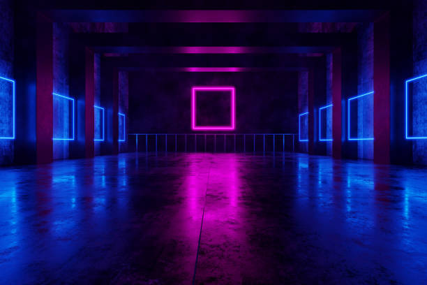 istock Square portal Glowing lines Neon lights Concrete background Tunnel Virtual reality arch Laser show. 3D rendering. 1663154499