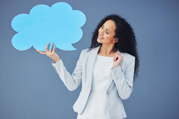 istock Speech bubble, thought and comment icon by businesswoman thinking with mockup, product placement. Vote, opinion and corporate employee with smile and happy isolated in studio blue background 1663156096