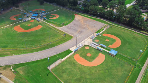 istock Parkside residential neighborhood near large sport complex with multiple baseball, softball fields surrounding by lush green trees in Richland, Mississippi, USA 1663158772