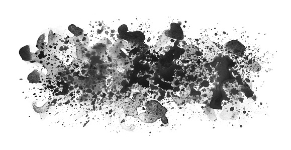 Art Watercolor flow blot with drops splash. Abstract texture black and white color stain on white horizontal long background.