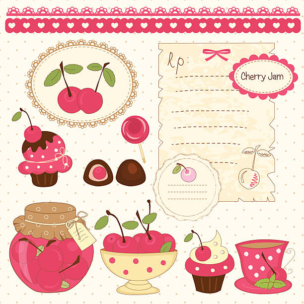 ilustraciones, imágenes clip art, dibujos animados e iconos de stock de cherry álbum de recuerdos - doily candy bowl dishware