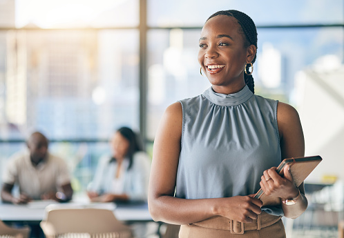 Black woman in office with tablet, smile and mockup, leadership in business meeting with professional. Workshop, project management and happy businesswoman with digital device, space and confidence.