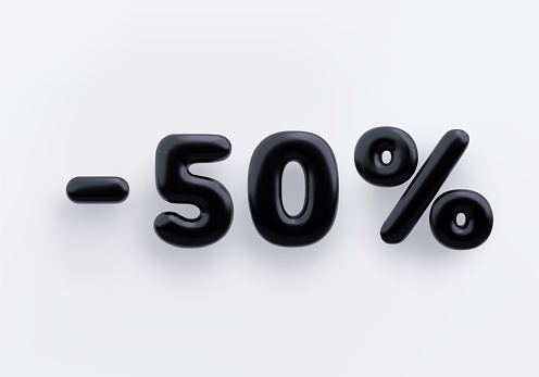 Black 3D discount sign minus 50 percent on a white background .