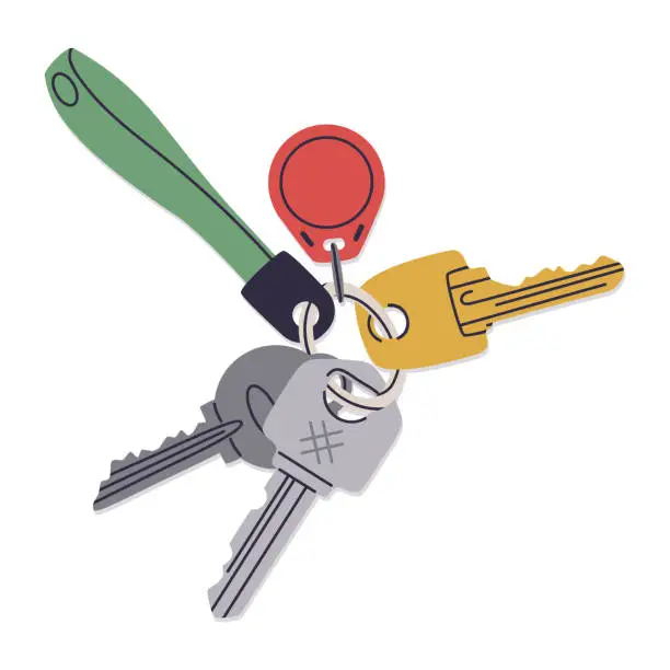 Vector illustration of Modern key bunch. Real estate property entrance keys with keychain and plastic tag, door keys with keyring flat vector illustration. Apartment keys