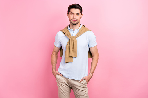 Photo of successful confident man lawyer attorney dressed stylish clothes isolated on pink color background.