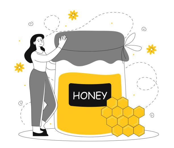 Woman with jar of honey vector concept Woman with jar of honey concept. Young girl with large glass with sweet food. Dessert and delicacy. Natural and organic product. Apiary and honeycombs. Linear flat vector illustration hiver stock illustrations