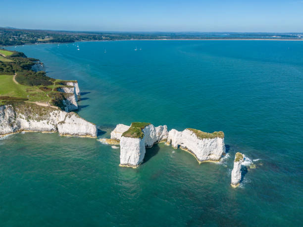 Above Old Harry Rocks Above Old Harry Rocks with views of Studland Beach studland heath stock pictures, royalty-free photos & images